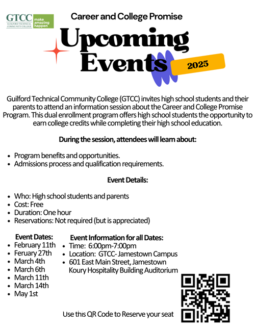 Career and College Promise Upcoming Events.  Event dates and registration information 